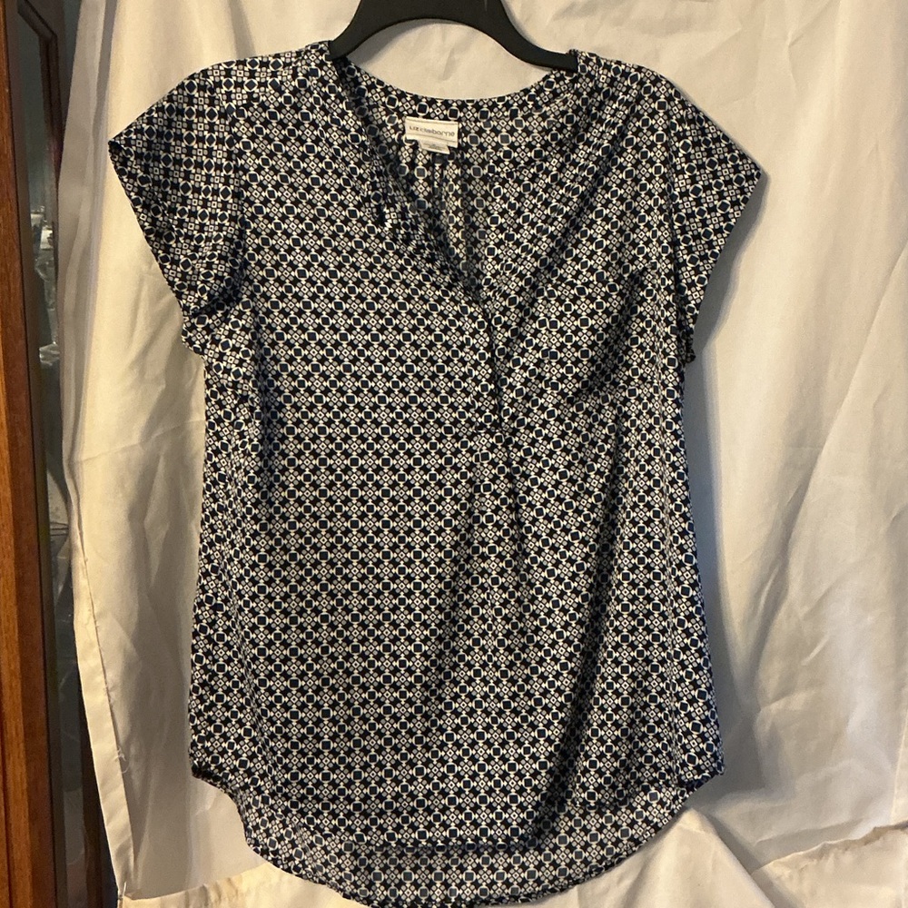 Liz Claiborne Navy and White Geometric Blouse